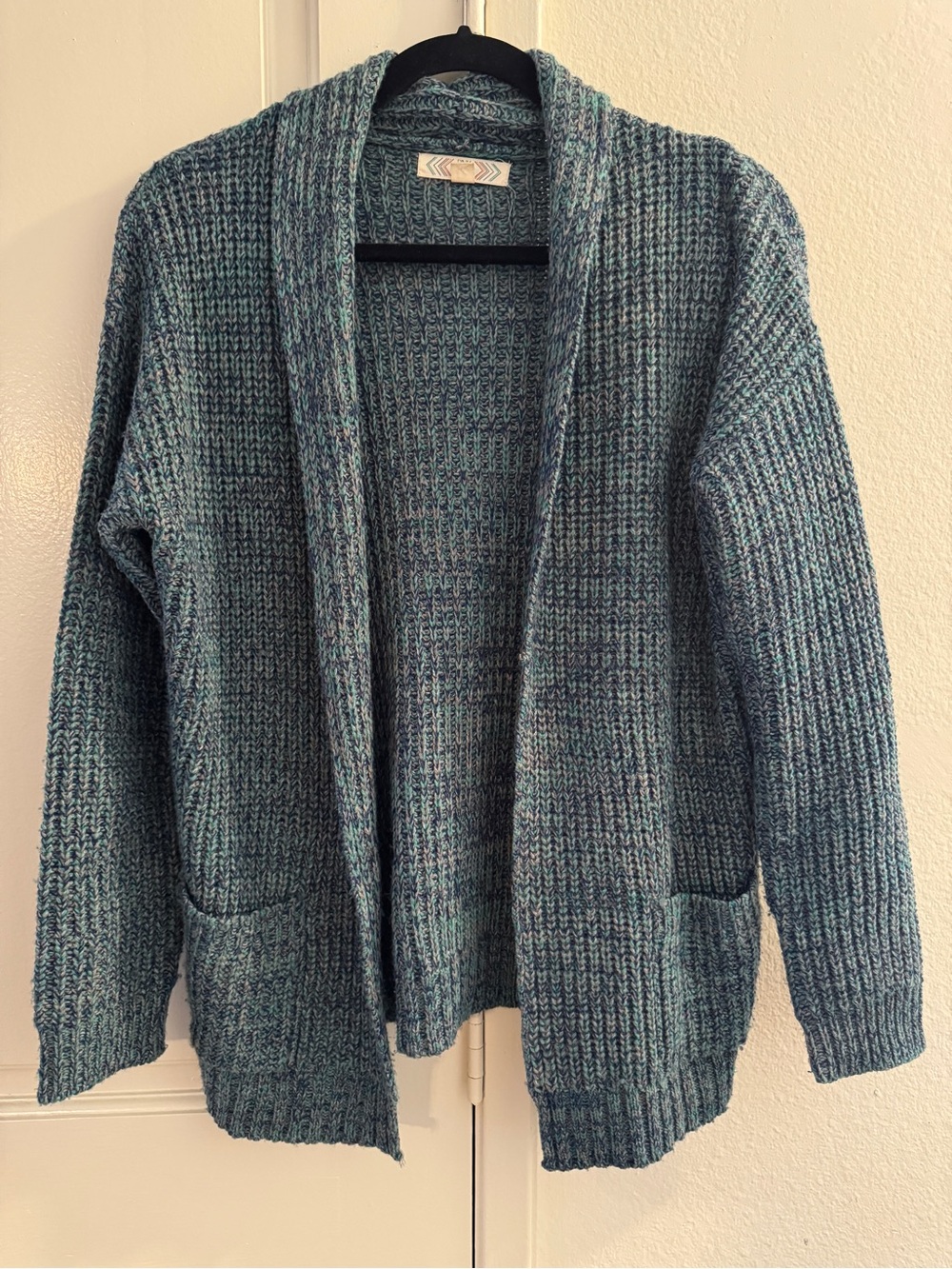 Pink Rose Teal-Green Open-Front Knit Cardigan